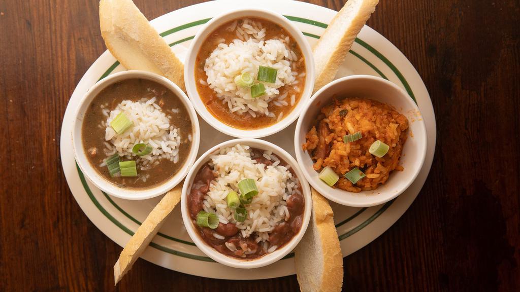Taste Of Café Maspero (Enjoy All Four) · A sampling of our most famous dishes: Cajun chicken & Andouille Jambalaya, Crawfish Étouffée, Red Beans & Rice, and Chicken Andouille Gumbo.