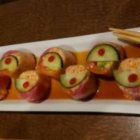 Rice Paper Roll (No Rice) · Rice paper wrapped with salmon, tuna, snow crab, avocado, masago, top with cucumber, srirach...