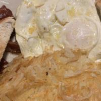 Breakfast Plate (Breakfast) · Favorite. 2 eggs, toast, hash browns, bacon, ham, or sausage.