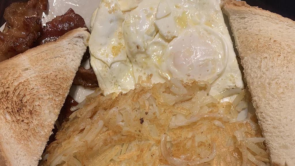 Breakfast Plate (Breakfast) · Favorite. 2 eggs, toast, hash browns, bacon, ham, or sausage.