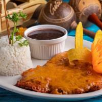 Pollo A La Milanesa · Boneless breaded chicken breast, lightly fried and topped with ham and cheese in our homemad...