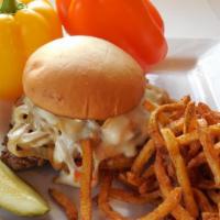 Philly Burger · Hand-pattied beef, grilled onions peppers, provolone, and mayonnaise served on a tennessee r...