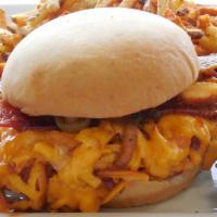 Sax Bbq Chicken Sandwich · Grilled chicken, BBQ, smoked cheddar, bacon, and grilled onion served on a tennessee roll.