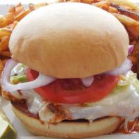 Sax Buffalo Chicken Sandwich · House ranch, lettuce, tomatoes, red onion, provolone, and sax hot sauce.