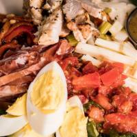 Broiled Chicken Chef Salad · Romaine, chicken breast, tomatoes,
roasted red peppers, Giardiniera,
muenster, prosciutto, h...