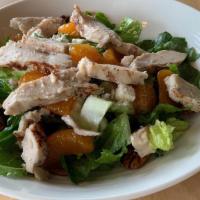 Raspberry Pecan Chicken Salad · Fresh green lettuce mix with grilled chicken, chopped pecans, mandarin oranges, and crumbled...