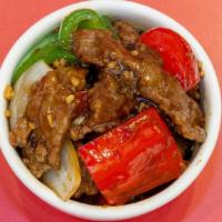 Pepper Steak (Entree) · Beef, green bell pepper, white onion, cook with brown sauce.
Served with rice only.