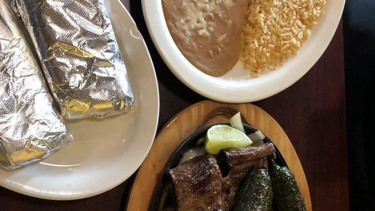 Carne Asada · Tender, thin sliced skirt steak. Served with grilled onions, jalapeño peppers, rice, beans and 4 tortillas.
