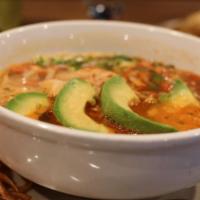 Tortilla Soup · Tortilla soup. Chunks of white-meat chicken, rice, pico de gallo, avocado and crispy tortill...