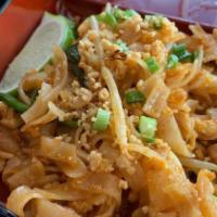 Pad Thai (Gf) · Stir fried rice noodles with eggs, bean sprouts, and scallions in Pad Thai sauce served with...