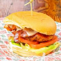 Hot Chick · Fried Chicken tossed in Buffalo sauce, Pepper Jack cheese, Applewood bacon, Lettuce, Tomato ...