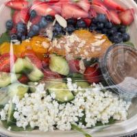 Lueberry Blast Salad · Romaine, Spinach, Strawberries, Blueberries, Mandarine Oranges, Grapes, Tomatoes, Cucumbers,...