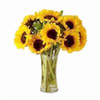 12 Stem Honey Bee Sunflower In Glass Vase · Your recipient will be buzzing the moment these sunflowers arrive. This radiant bouquet feat...