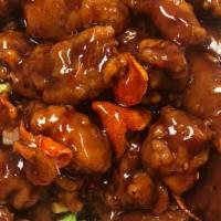 Orange Flavor Chicken With Broccol · Hot and spicy. Large chunks of boneless chicken with orange peels cook in chef special hot &...