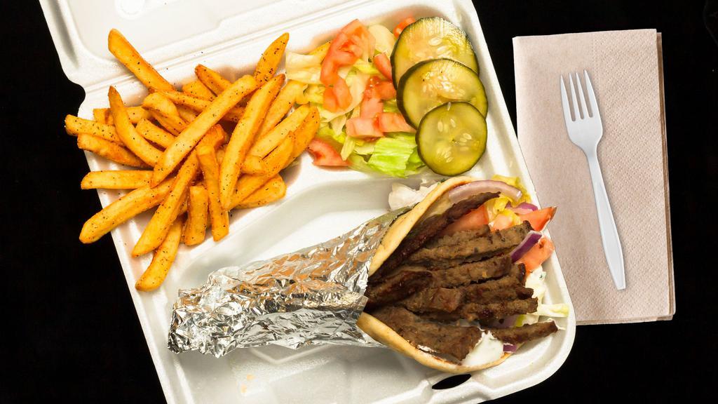 Gyro Pita · Half lb. of tender seasoned ground lamb/beef blend wrapped in a toasted pita with our home-made tzatziki sauce, lettuce, tomatoes, and red onions.
Served with fries, small salad, & drink