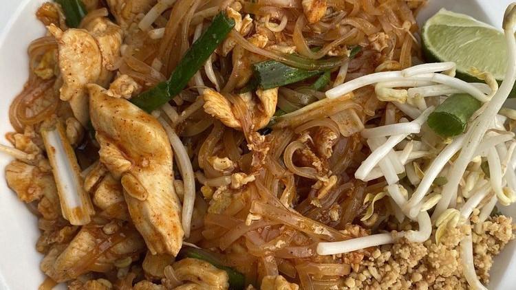Pad Thai · Known for being most popular noodle dish of Thailand, this entree uses thin rice noodles pan fried with scallions, bean sprouts, eggs and peanut.