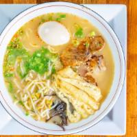 Tonkotsu Ramen · Pork belly, egg, fried tofu, mushroom, green onion, and bok choy.