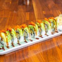Green Dragon · Shrimp tempura, eel, wrap, with avocado, tobiko, and eel sauce.