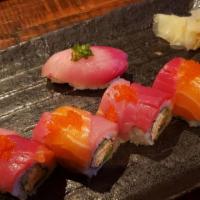 Three Kingdom · Crab salad, avocado, cucumber, wrap with tuna, salmon, hamachi, and tobiko on top, and eel s...