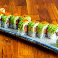 Cali Sunset · Tuna or salmon roll, wrap with avocado, and tobiko on top.