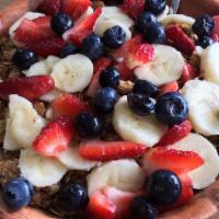 Breakfast Bowl · Blended acai, banana and honey. Topped with granola, banana, strawberry and blueberry.