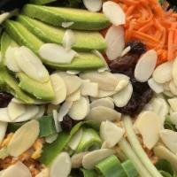 Kale Salad · Kale, cucumber, carrot, sesame oil, shoyu, avocado, sesame seeds, green onion, pickled ginge...