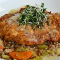 Chicken Picatta · White wine, butter, capers, farro with roasted vegetables