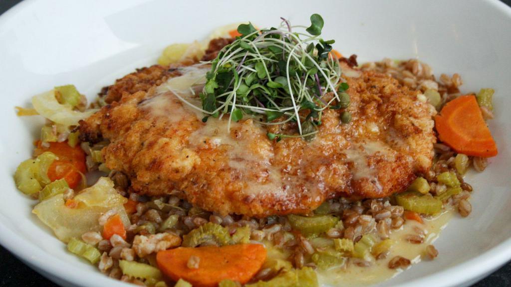 Chicken Picatta · White wine, butter, capers, farro with roasted vegetables