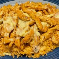 Arroz Con Pollo · Grilled chicken strips served on a bed of rice topped with cheese sauce and served with thre...