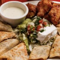Sampler · One quesadilla, two flautas, and six chicken wings. Served with lettuce, sour cream, guacamo...