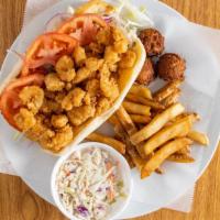 Shrimp Po Boy · Served with hand-cut fries lettuce tomato onion and spicy aioli.