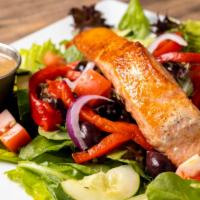 Salmon & Roasted Pepper · Wild Alaskan salmon (when in season) atop mixed greens, our own roasted red peppers, tomato,...