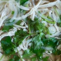 Pho Ga · Thin pho (rice) noodle with beef broth. Serve with shredded chicken breast