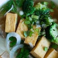 Pho Vegan · Thin pho (rice) noodle with Vegan broth. Serve with crispy fried tofu and mixed vegetables