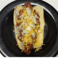 Hebrew National Chili Dog · Top a fat boy hebrew national ¼ lb. Hot dog with our homemade beefy chili and cheese then se...