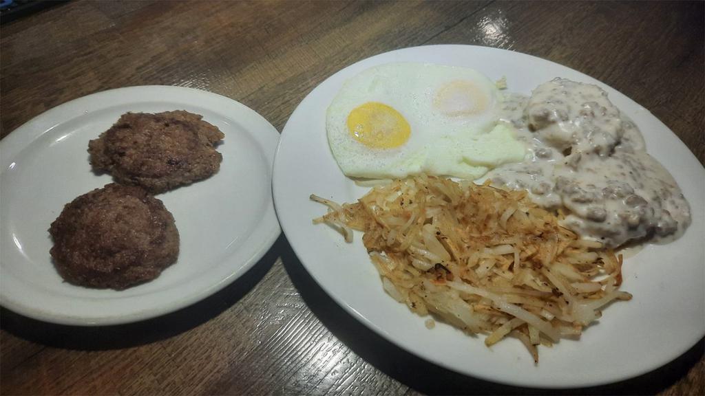 Hoods Breakfast · 2 eggs cooked to order, bacon or sausage, biscuits & gravy and hashbrowns.