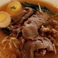 Five Spice Beef Ramen · Roast beef marinated in five spice herb, broil egg, bamboo shoot, bean sprout, spinach in mi...