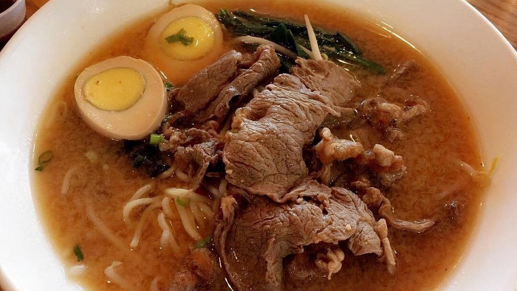 Five Spice Beef Ramen · Roast beef marinated in five spice herb, broil egg, bamboo shoot, bean sprout, spinach in miso broth.