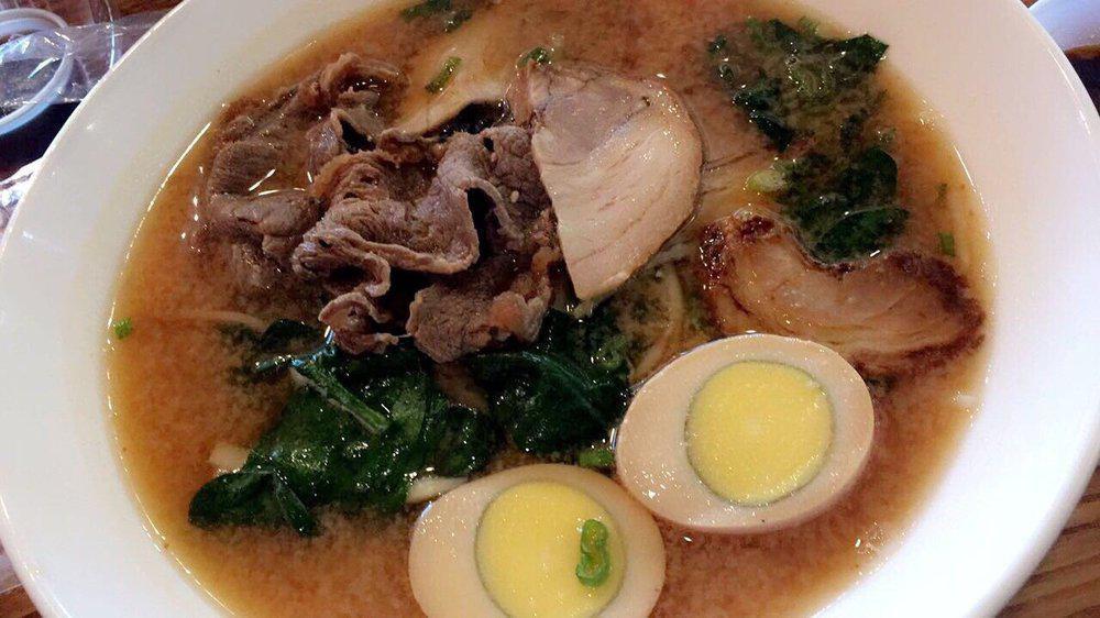 Charchi (Pork) Ramen · Sliced pork, beef marinated in five spice herb, broil egg, bamboo shoot, bean sprout, spinach in miso broth.