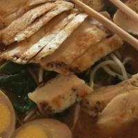Chicken Ramen · Grill lemon grass chicken, broil egg, bamboo shoot, bean sprout, spinach in miso broth.