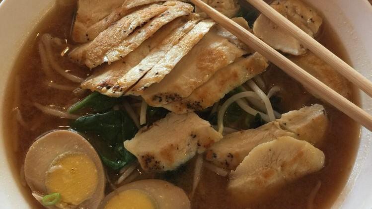 Chicken Ramen · Grill lemon grass chicken, broil egg, bamboo shoot, bean sprout, spinach in miso broth.