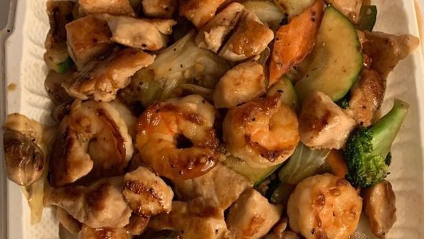 Shrimp & Chicken Hibachi · With zucchini, onion and broccoli, mushroom, and rice.