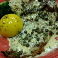 Lemon Caper Whitefish · Chargrilled farm-raised whitefish drizzled with a creamy lemon caper-butter and sided with s...