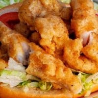 Fried Catfish Po-Boy · Golden deep-fried with seasoned tempura batter. Dressed: Lettuce, tomato, and spicy Japanese...