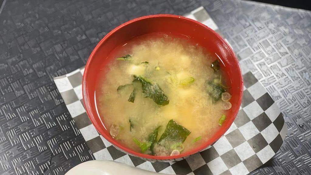 Miso Soup · Served with tofu wakame seaweed and green onions (not vegetarian).