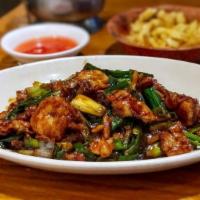 Great Wall Triple Delight · Shrimp chicken and pork with scallion in ginger sauce. served with white rice or brown rice.
