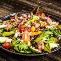 Alpha Candied Pecan Salad · Bacon, red onion, pickled cucumber, tomato, blue cheese crumbles. candied pecans, (BBQ Vinai...