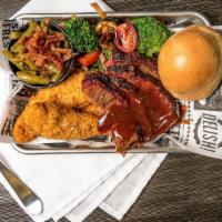 Pick 2 Sampler Platter · Two choices of meats and two sides. over a POUND of FOOD.