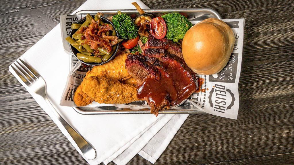 Pick 2 Sampler Platter · Two choices of meats and two sides. over a POUND of FOOD.