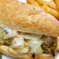 Cheesy Philly · Chicken or Beef  with Peppers, Onions and loaded with White American, Provolone and Cheddar ...